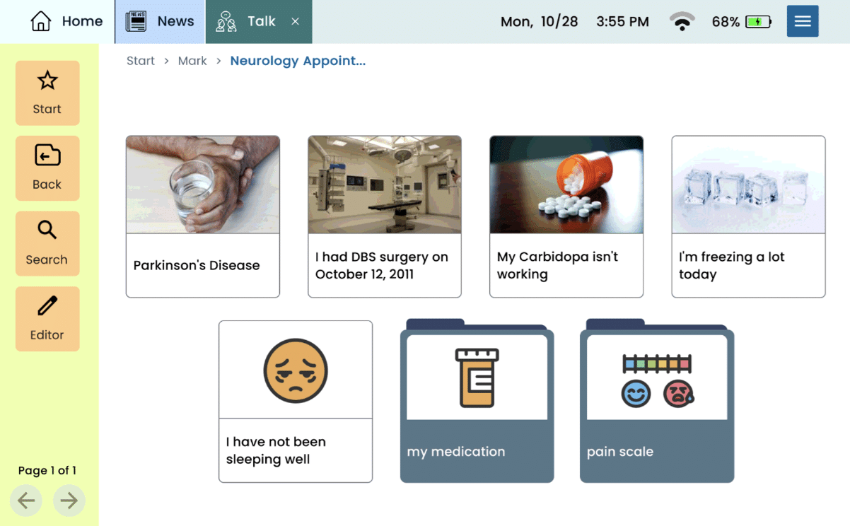 Image of AAC device customization showing topics for a doctor appointment