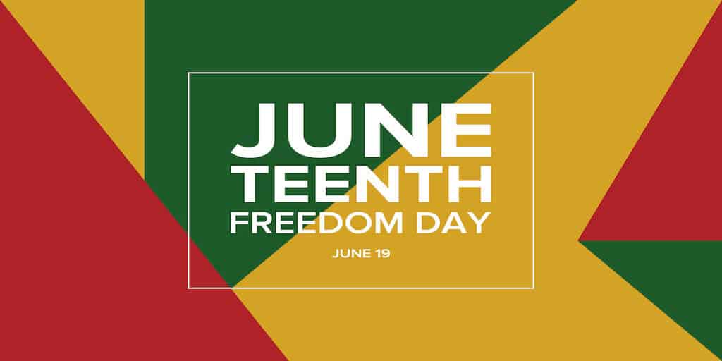 june teenth freedom day june 19 text over green red and yellow patterned background