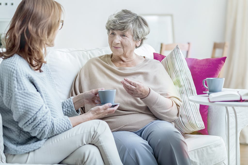Mature female with aphasia communicating with adult daughter