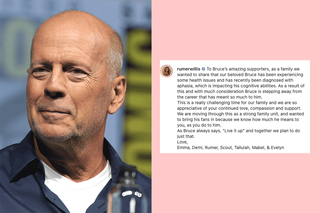 photo collage of bruce willis and an instagram announcement from his daughter