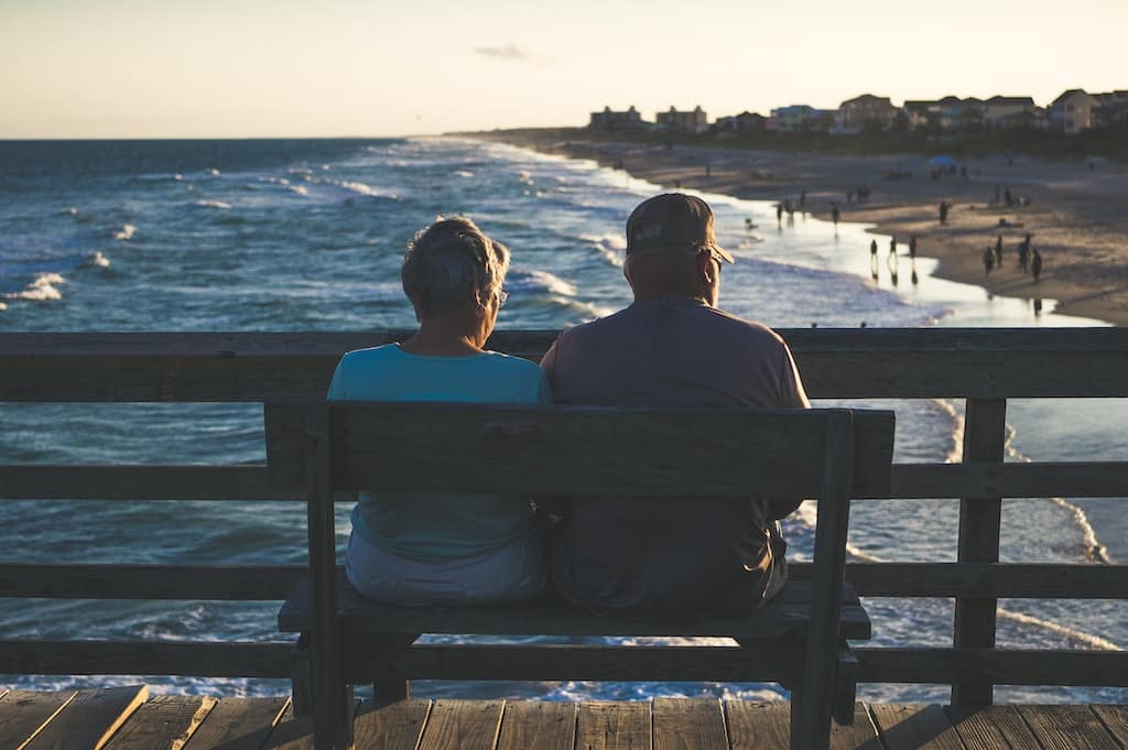 couple sitting on seaside bench with backs to camera