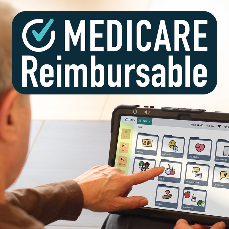 Photo of a man using a Lingraphica AAC device with a large "Medicare Reimbursable" logo overlaying the image.