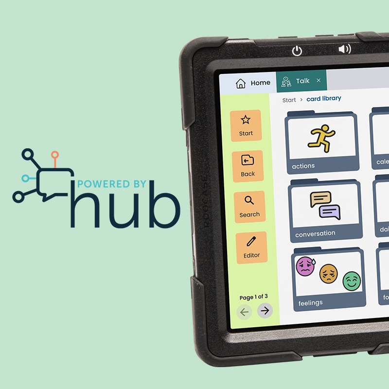 Lingraphica AAC device with Hub software logo.