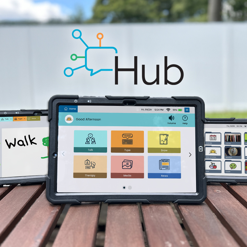 Photo of all three Lingraphica AAC devices running Hub, the newest release of their AAC platform.