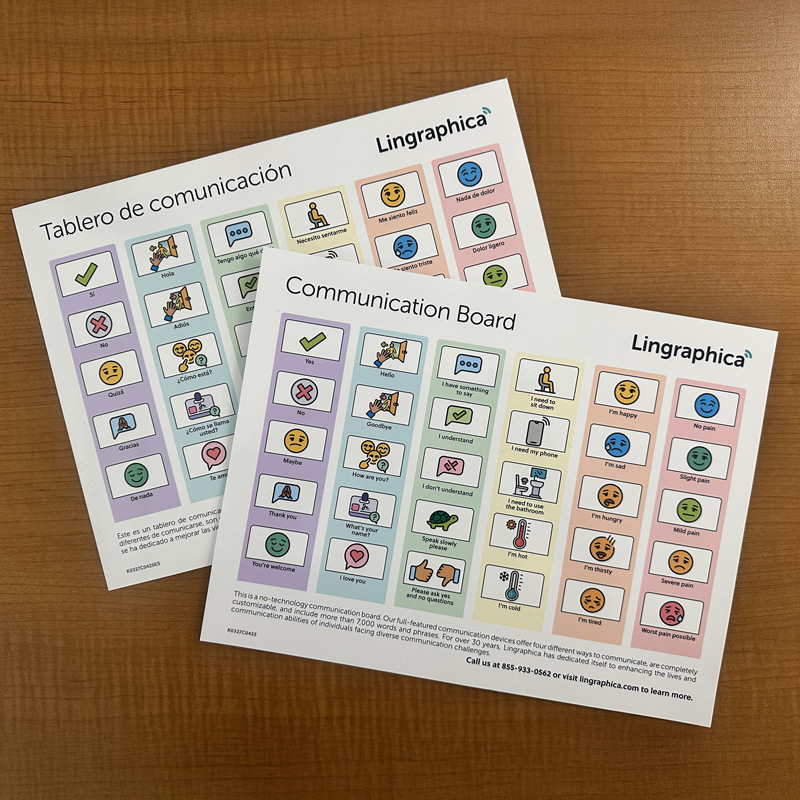 Photo of Lingraphica's printable communication boards on a table